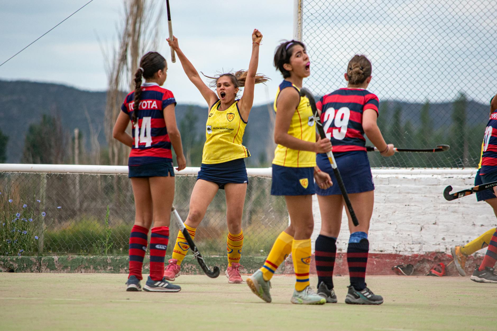 Dynamic capture of women's field hockey team celebrating a goal outdoors, showcasing team spirit and excitement.