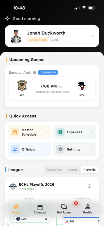 Ref Buddy referee companion app home screen