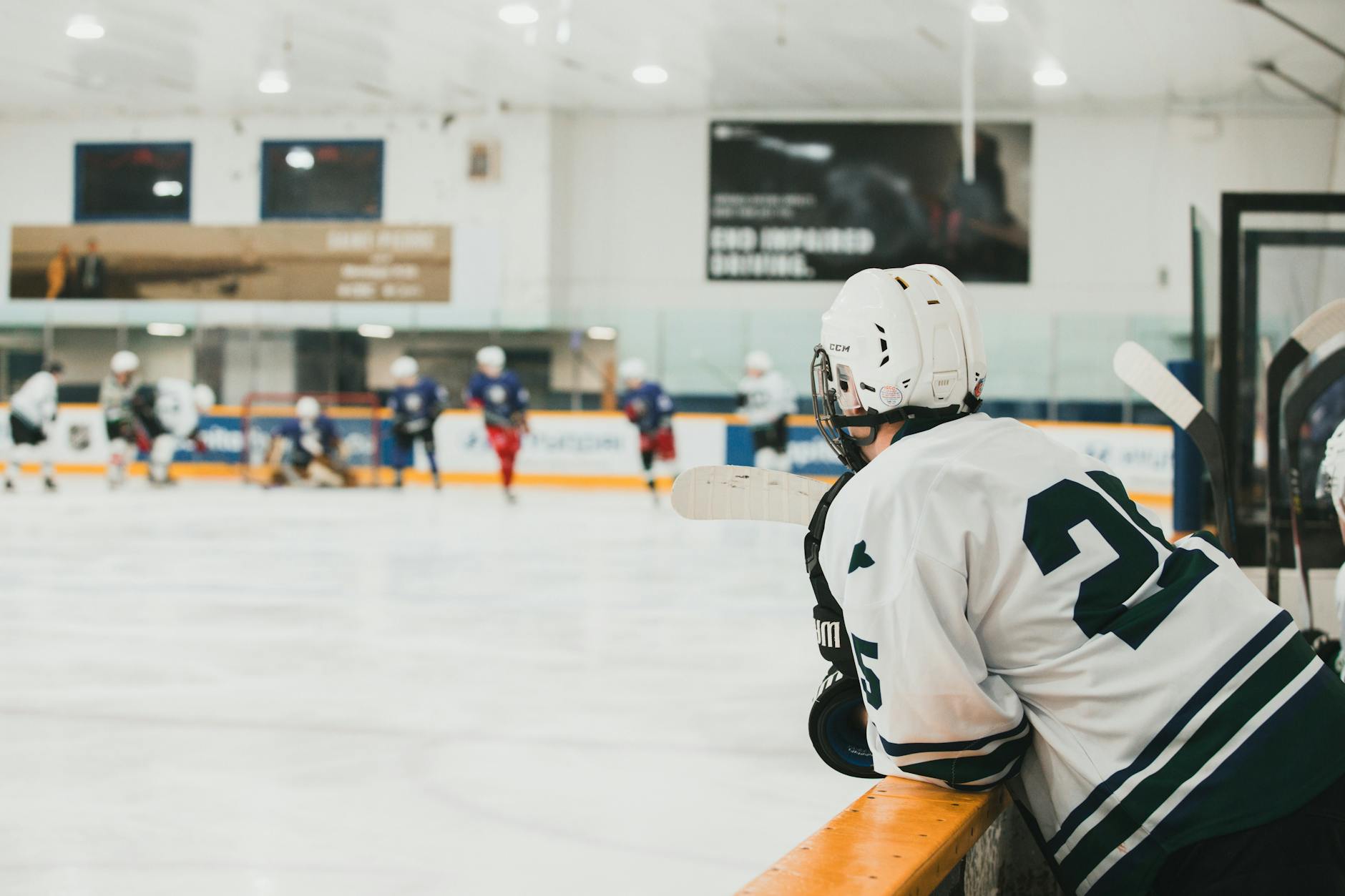 Adult ice hockey player in white jersey observing match from bench indoors.