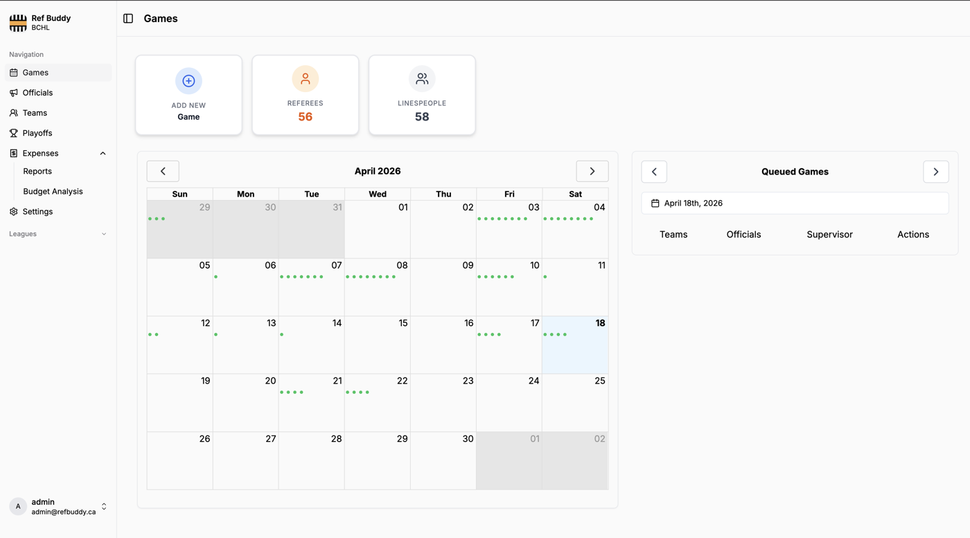 Ref Buddy assignor dashboard with games calendar