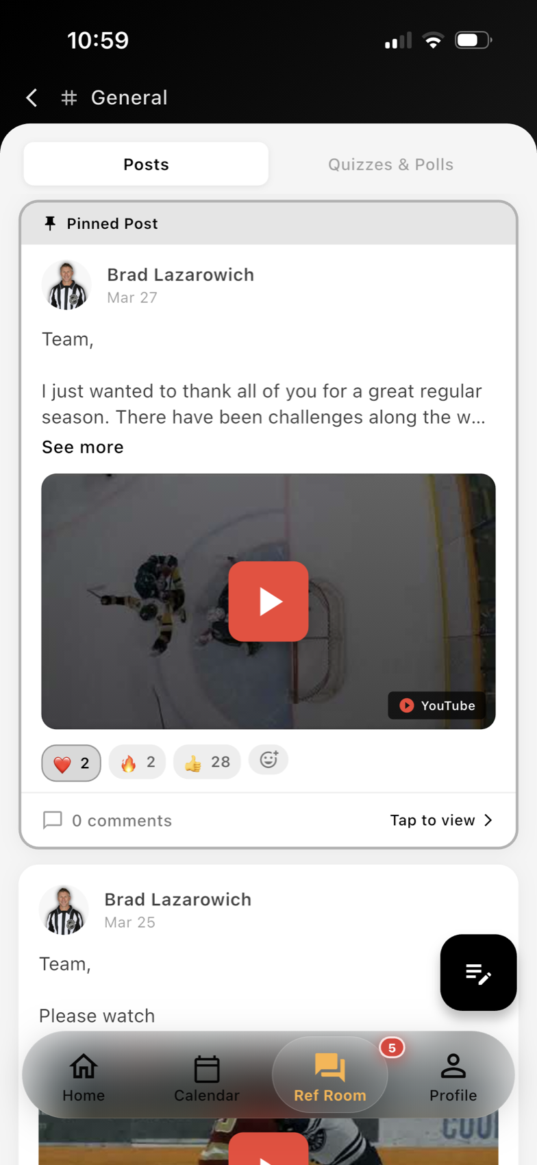 Ref Buddy Ref Room mobile feed with posts and reactions