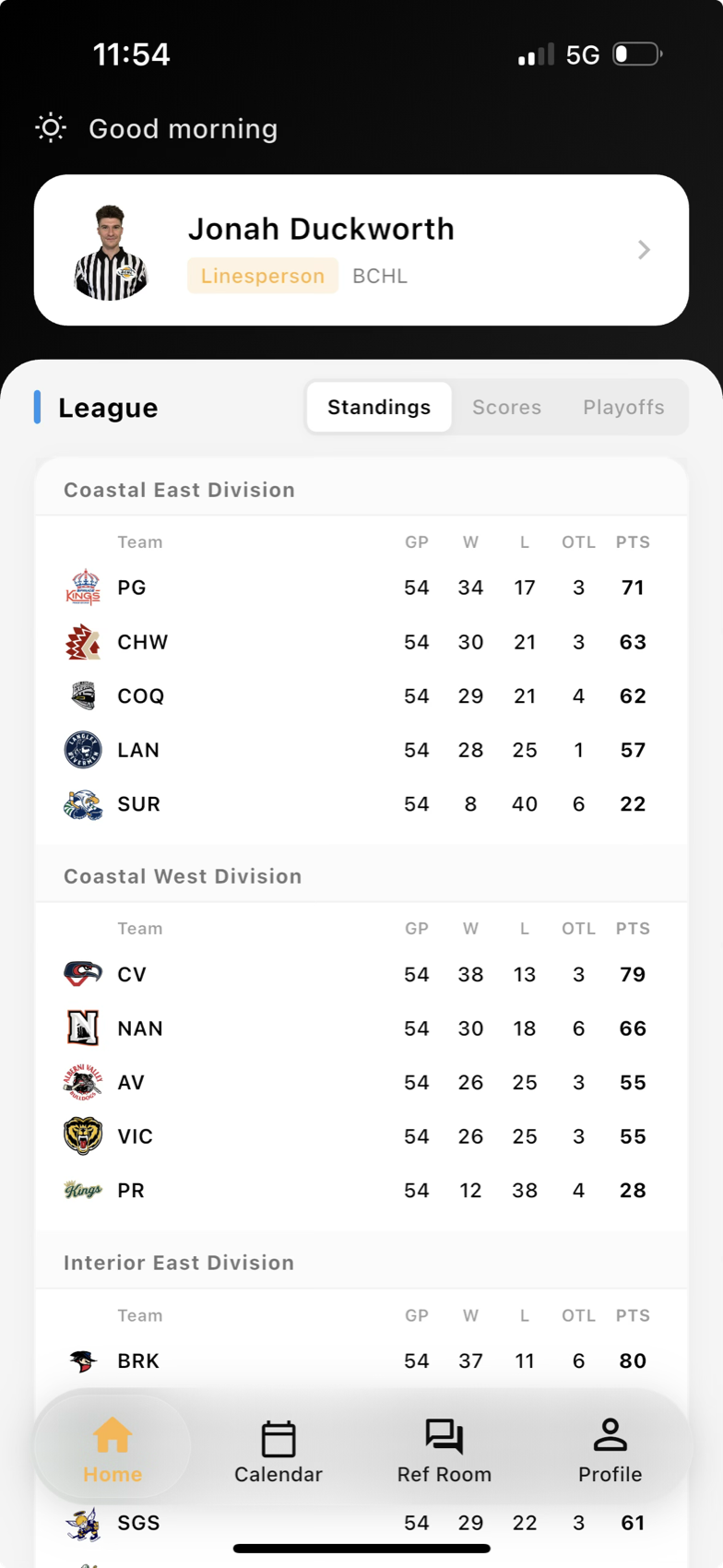 Ref Buddy mobile team standings view